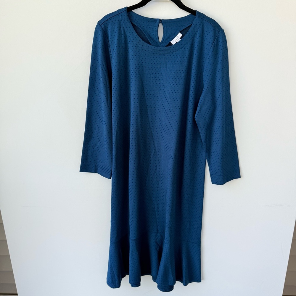 NWT J. Jill Ponte Dress LT Blue Black Polka Dots Ruffle 3/4 Sleeve Stretch $109